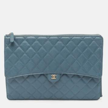 Chanel Blue Quilted Caviar Leather Classic CC Flap Zip Pouch Clutch
