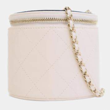 Chanel White CC Lambskin Round Vanity Case