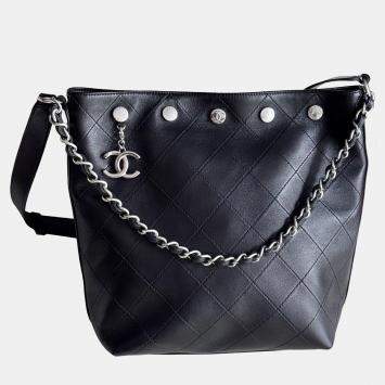 Pre Owned Chanel Hobo Studded Small Black Silver Lambskin Bucket Bag