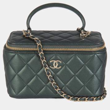 Chanel Dark Green Iridescent Quilted Lambskin Top Handle Vanity Case With Chain