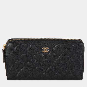 Chanel Black Quilted Caviar Zip Around L-Gusset Wallet