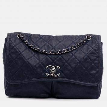 Pre Owned Chanel Navy Blue Large Quilted Calfskin Natural Beauty Split Pocket Flap