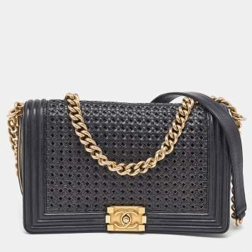 Pre Owned Chanel Black Woven Leather New Medium Classic Reverso Boy Flap Bag