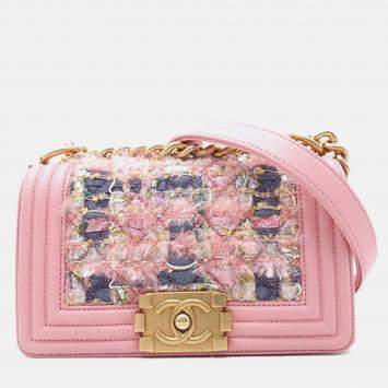 Chanel Pink Small Tweed and Lambskin Boy Flap