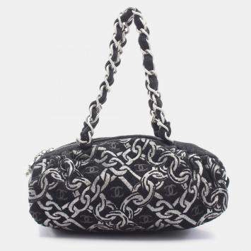 Pre Owned Chanel Black Fabric Printed Shoulder Bag