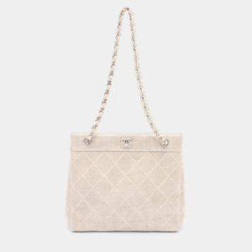 Pre Owned Chanel Matelasse Chain Shoulder Bag Linen Canvas Beige Shw