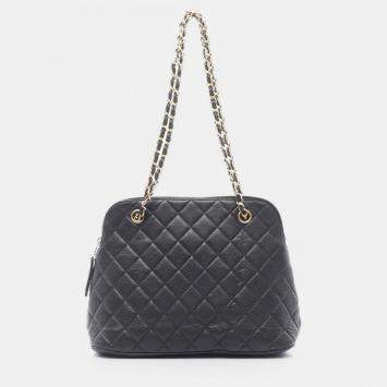Pre Owned Chanel Matelasse Chain Tote Shoulder Bag Calfskin Leather Black Ghw
