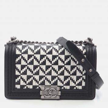 Chanel Boy Chanel Chain Shoulder Bag Lamb Sheep Leather Black White
