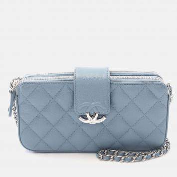 Pre Owned Chanel CC Blue Caviar Quilted Box Clutch With Chain 