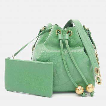 Pre Owned Chanel CC Green Caviar Leather Bucket Bag 