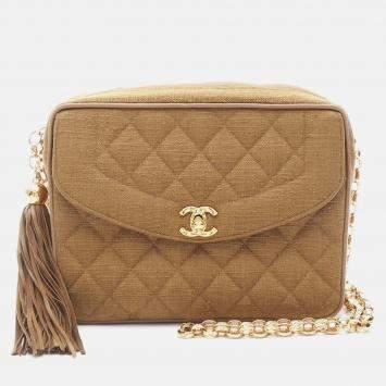 Pre Owned Chanel Matelasse Tassel Chain Shoulder Bag Fabric Linen Khaki Ghw Cc
