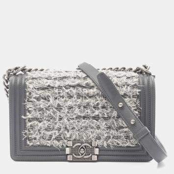 Pre Owned Chanel Boy Gray Fabric Leather Chain Shoulder Bag