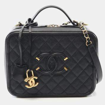Pre Owned Chanel Filigree Black Leather Vanity Shoulder Bag