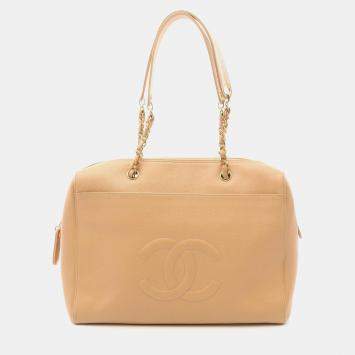 Pre Owned Chanel Coco Mark Tote Chain Shoulder Bag Calf Leather Beige Ghw