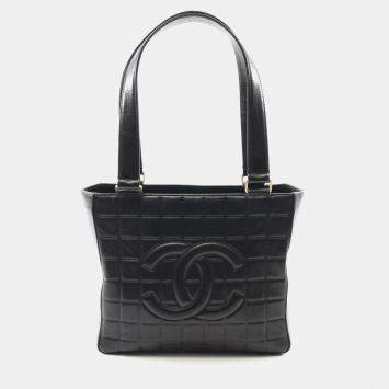 Pre Owned Chanel Chocolate Bar Tote Shoulder Bag Lambskin Leather Black Ghw