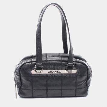 Chanel Chocolate Bar Shoulder Tote Bag Leather Grained Calfskin Black Shw