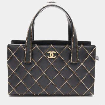 Chanel Wild Stitch Tote Hand Bag Leather Black