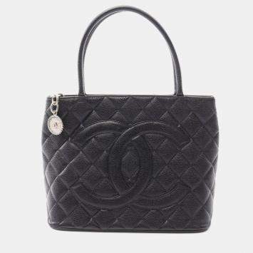 Chanel Medallion Tote Hand Bag Leather Grained Calfskin Black Shw Cc