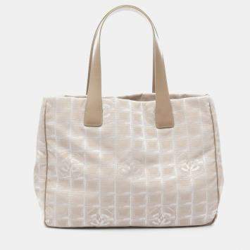 Pre Owned Chanel New Travel Line Mm Tote Handbag  Leather Nylon Canvas Pink Ghw