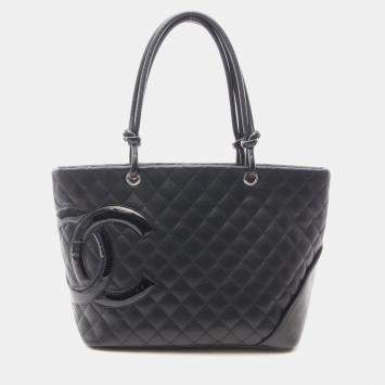 Chanel Cambon Line Large Tote Bag  Lambskin Patent Leather Bk Shw Cc