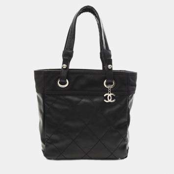 Chanel Paris Biarritz Pm Tote Bag  Canvas Leather Black Shw Cc