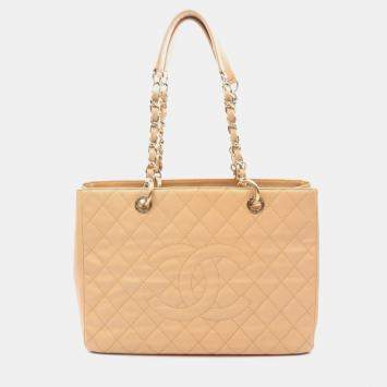 Pre Owned Chanel Grand Shopper Beige Calfskin Chain Tote Bag