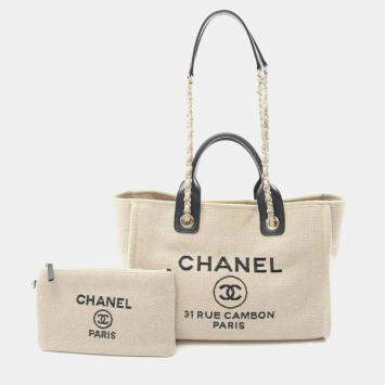 Chanel Deauville Small Shoulder Tote Bag  Canvas Leather Beige Black Ghw