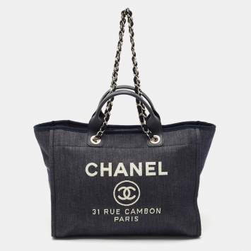 Pre Owned Chanel Navy Blue Denim Large Deauville Shopper Tote