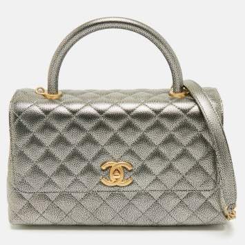 Pre Owned Chanel Silver Quilted Caviar Leather Small Coco Top Handle Bag