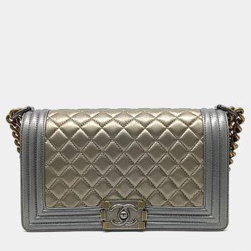 Chanel Gold Silver Leather Medium Boy Bag 