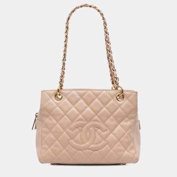 Pre Owned Chanel Beige Caviar Leather Petite Timeless Tote