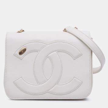 Pre Owned Chanel White Lambskin CC Mania Flap Bag