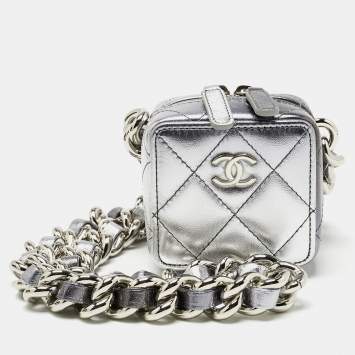 Chanel Silver Quilted Leather Like A Wallet Chain Clutch