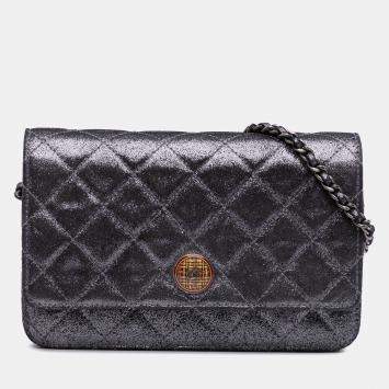 Pre Owned Chanel Silver Quilted Iridescent Lambskin Tartan Button Wallet On Chain