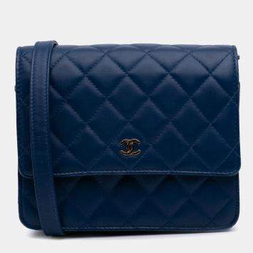 Pre Owned Chanel Blue Quilted Lambskin Square Wallet on Chain