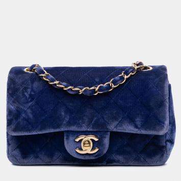 Pre Owned Chanel Blue Mini Rectangular Classic Velvet Single Flap