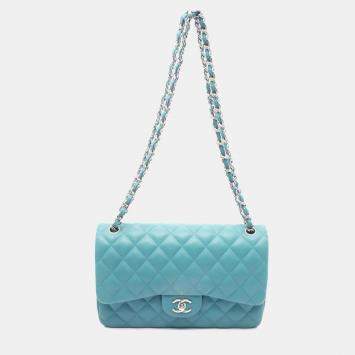 Pre Owned Chanel Blue Jumbo Classic Lambskin Double Flap