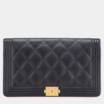 Pre Owned Chanel Black Quilted Caviar Boy Yen Long Wallet