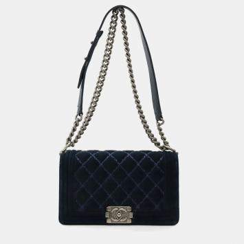 Pre Owned Chanel Boy Navy Velour Chain Shoulder Bag