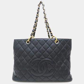 Pre Owned Chanel Black Caviar Leather Chain Tote Bag 
