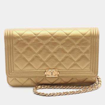 Chanel Boy Metallic Gold Leather Wallet On Chain