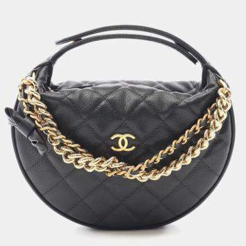 Pre Owned Chanel Bow Pouch Black Calfskin Chain Handbag