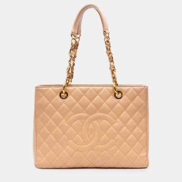 Pre Owned Chanel Beige Brown Caviar Grand Shopping Tote