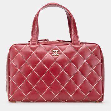 Pre Owned Chanel Red CC Lambskin Wild Stitch Handbag