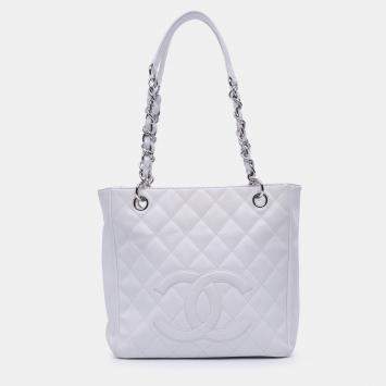 Pre Owned Chanel White Caviar Petite Shopping Tote