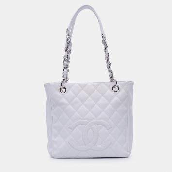 Pre Owned Chanel White Caviar Petite Shopping Tote