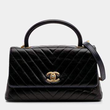 Chanel Black Medium Chevron Aged Calfskin Coco Top Handle Bag