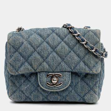 Pre Owned Chanel Blue Mini Square CC Quilted Denim Single Flap