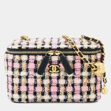 Chanel Small Vanity Chain Shoulder Bag Wool Tweed Leather Pink Multicolor Gold Hardware