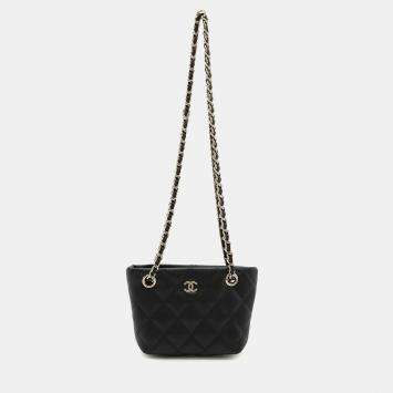 Chanel Matelasse Coco Mark Chain Clutch Shoulder Bag Caviar Skin Leather Black
